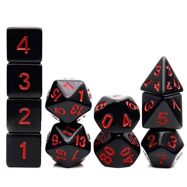 Black Dice with Red Numbers, 11-Piece Set by Haxtec