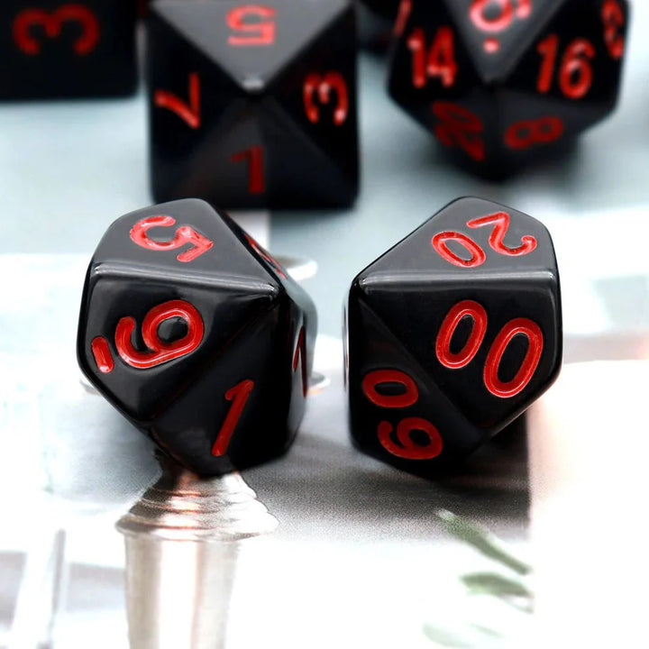 Black Dice with Red Numbers, 11-Piece Set by Haxtec