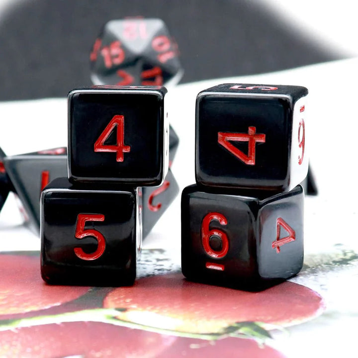 Black Dice with Red Numbers, 11-Piece Set by Haxtec