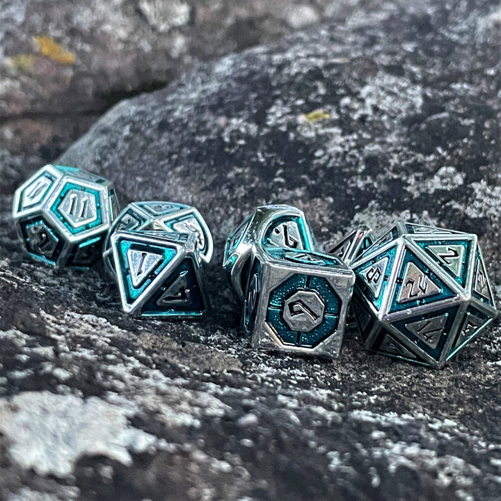 Cleric's Domain Aqua And Silver Metal Dice Set by Misty Mountain Gaming