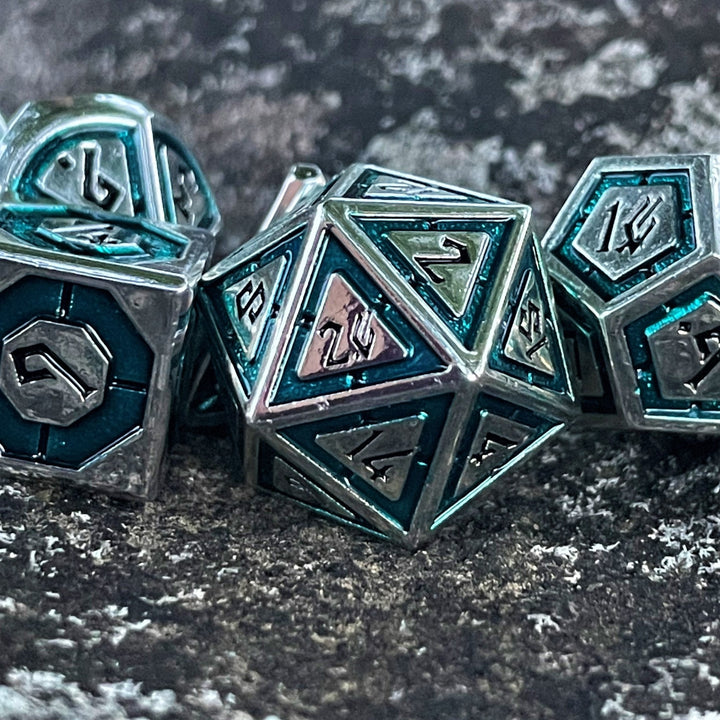 Cleric's Domain Aqua And Silver Metal Dice Set by Misty Mountain Gaming