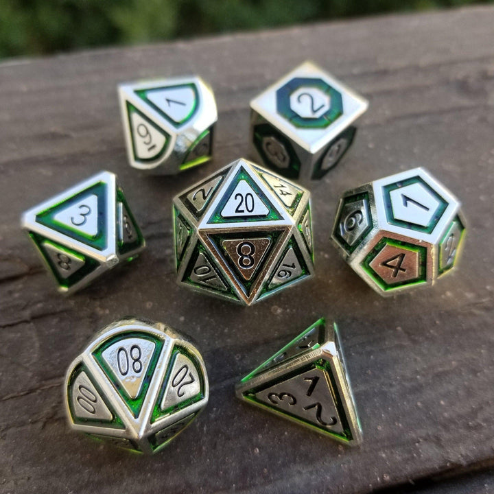 Cleric's Domain Green And Silver Metal Dice Set by Misty Mountain Gaming