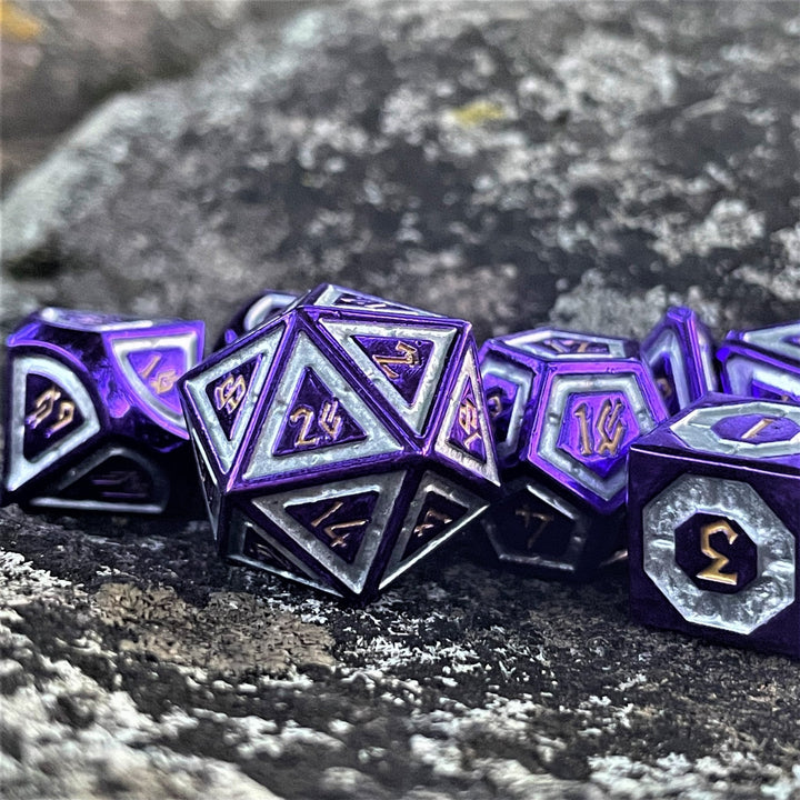 Cleric's Domain Purple And Silver Metal Dice Set by Misty Mountain Gaming