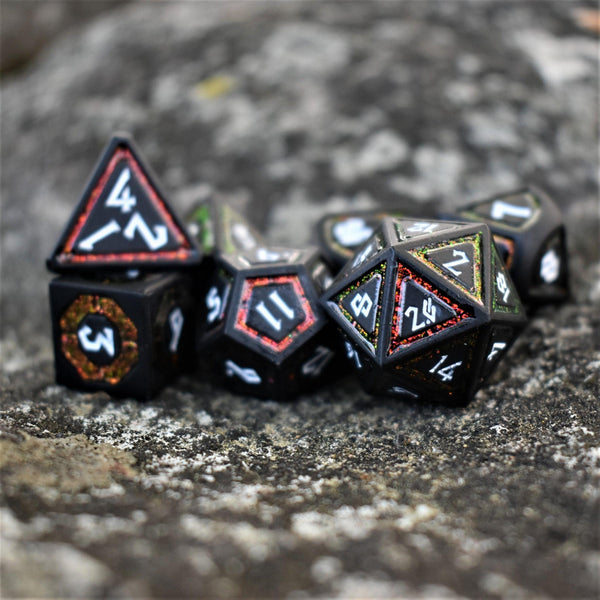 Cleric's Shadow Domain Red/White And Matte Black Metal Dice Set by Misty Mountain Gaming