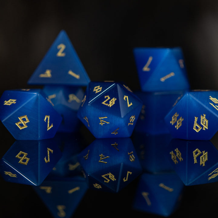 Deep Blue Cat's Eye Stone Dice Set by Misty Mountain Gaming