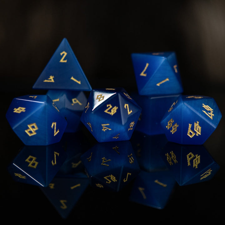 Deep Blue Cat's Eye Stone Dice Set by Misty Mountain Gaming