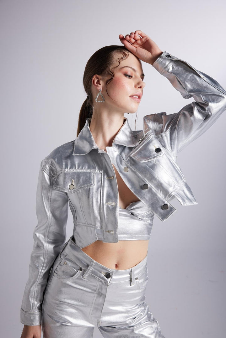 Metallic Grey Glossy Millen Cropped Jacket-0