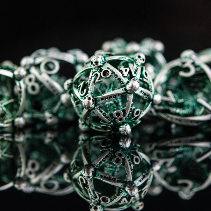 Draco Immortui Hollow Metal Dice Set - Green and Silver by Misty Mountain Gaming