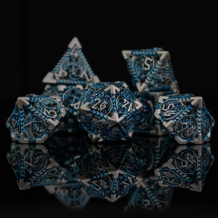 Dragonguard Hollow Metal Dice Set - Azure and Silver by Misty Mountain Gaming