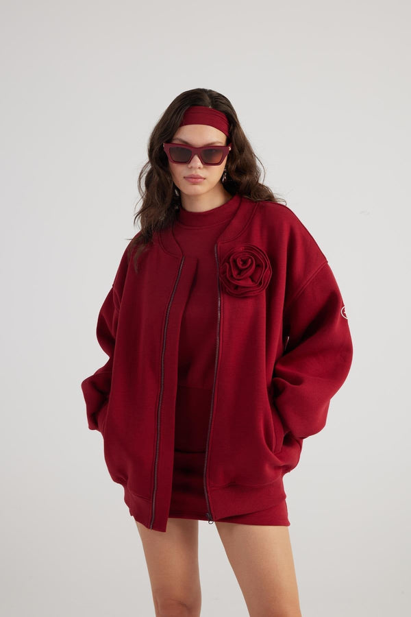 Alexa Burgundy Oversize Bomber Jacket with Removable Rose Accessory-0