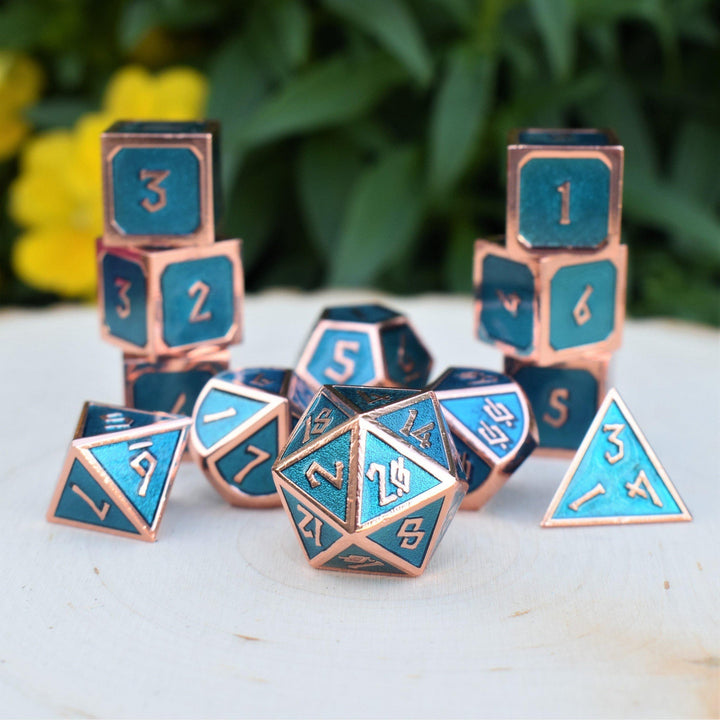 Elder Runes Aqua And Bronze Metal Dice Set by Misty Mountain Gaming