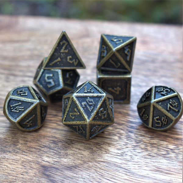 Elder Runes Battle-Worn Gold Metal Dice Set by Misty Mountain Gaming