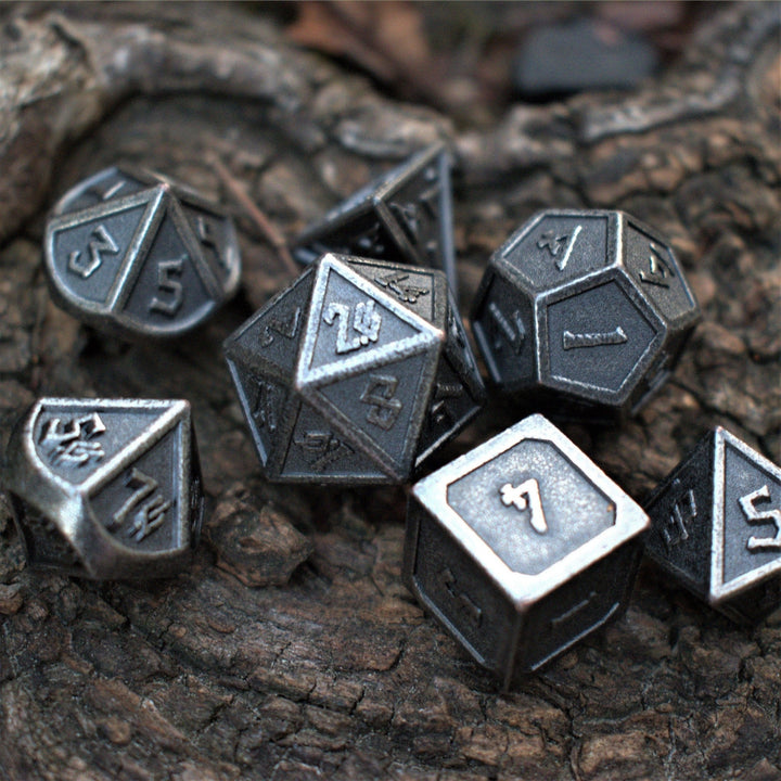 Elder Runes Battle-Worn Silver Metal Dice Set by Misty Mountain Gaming