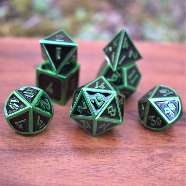 Elder Runes Black And Green Metal Dice Set by Misty Mountain Gaming