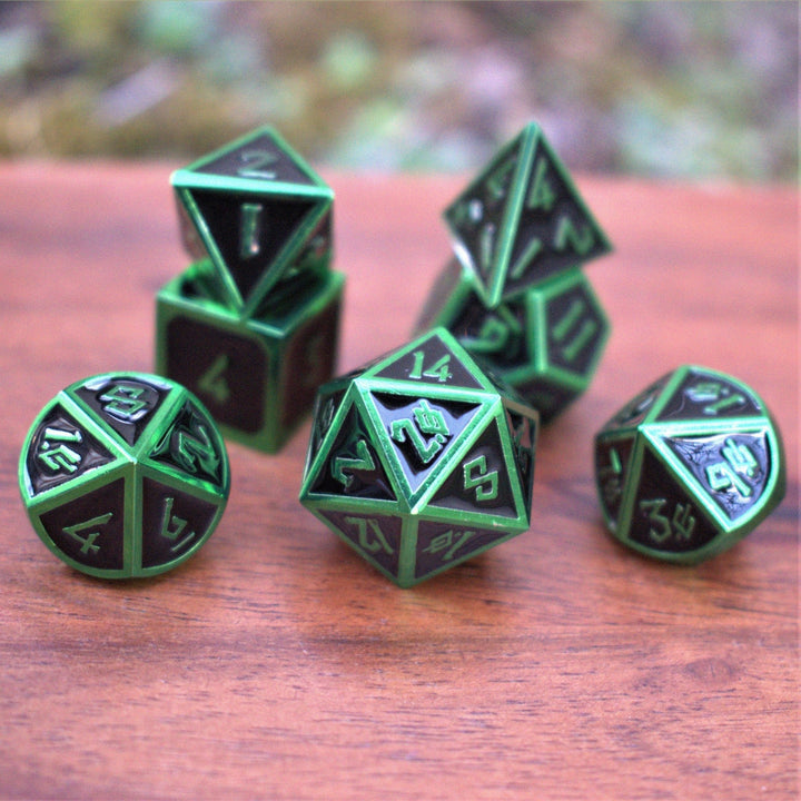 Elder Runes Black And Green Metal Dice Set by Misty Mountain Gaming