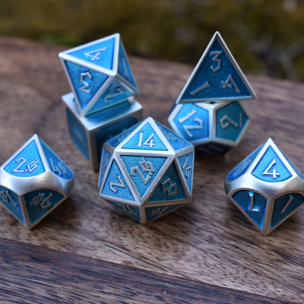 Elder Runes Electric Blue And Matte Silver Metal Dice Set by Misty Mountain Gaming