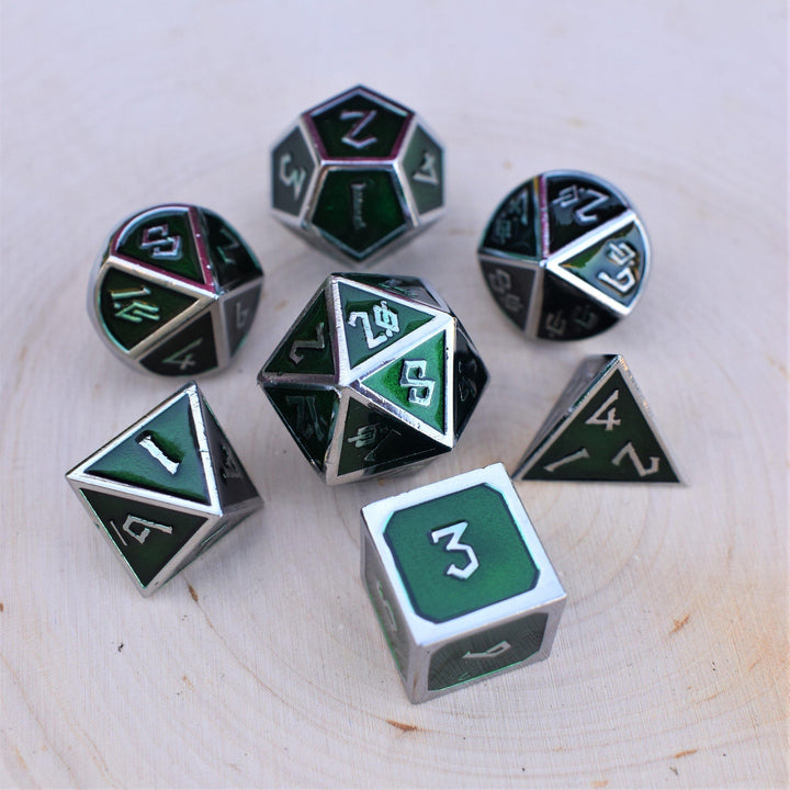 Elder Runes Emerald And Silver Metal Dice Set by Misty Mountain Gaming