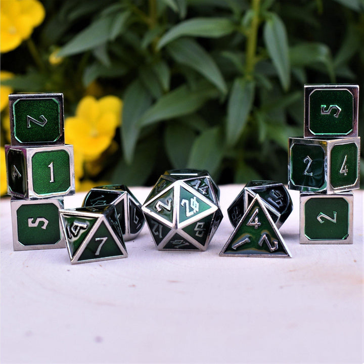 Elder Runes Emerald And Silver Metal Dice Set by Misty Mountain Gaming