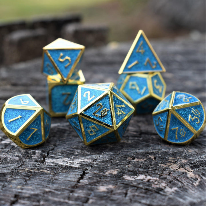 Elder Runes Glitter Aqua And Gold Metal Dice Set by Misty Mountain Gaming