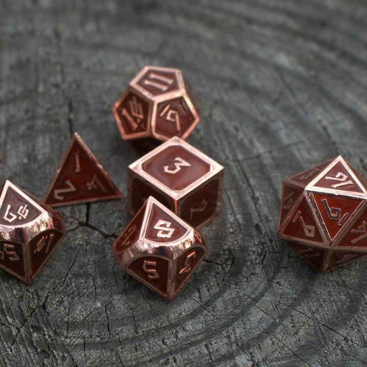 Elder Runes Hickory And Bronze Metal Dice Set by Misty Mountain Gaming