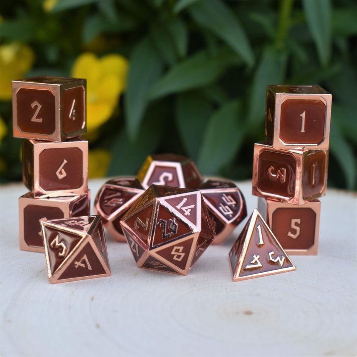 Elder Runes Hickory And Bronze Metal Dice Set by Misty Mountain Gaming