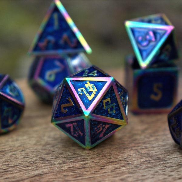 Elder Runes Iridescent And Blue Glitter Metal Dice Set by Misty Mountain Gaming