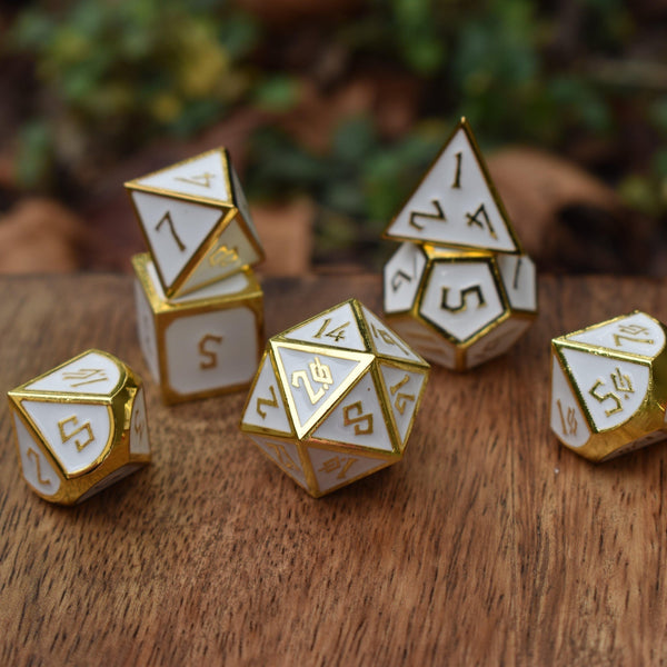 Elder Runes White And Gold Metal Dice Set by Misty Mountain Gaming