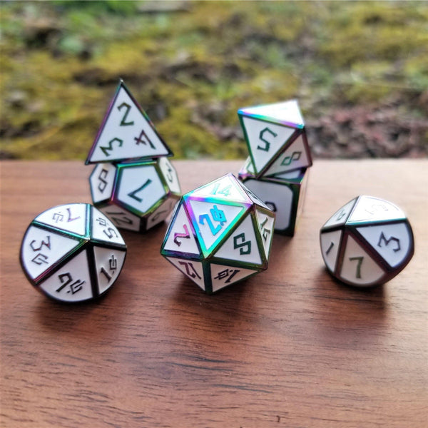 Elder Runes White And Irridescent Metal Dice Set by Misty Mountain Gaming