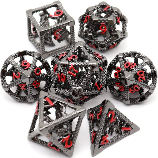 Flying Dragon Hollow Dice Set - Silver Red Numbers by Haxtec