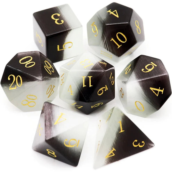 Gemstone: Black White Cat Eye Gold Numbers Dice Set by Haxtec