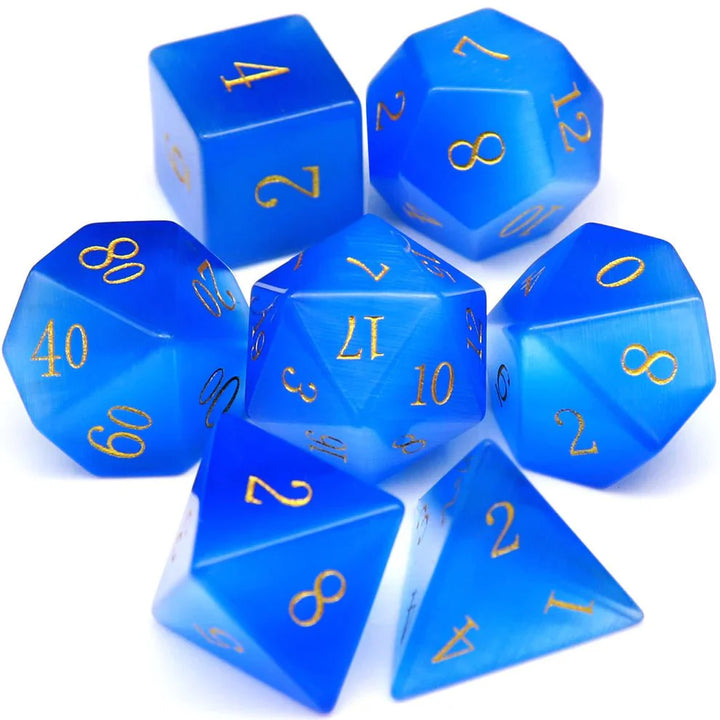 Gemstone: Blue Cat Eye Gold Numbers Dice Set by Haxtec