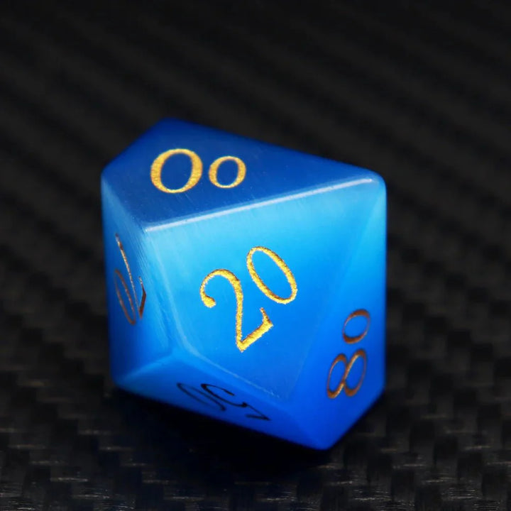 Gemstone: Blue Cat Eye Gold Numbers Dice Set by Haxtec