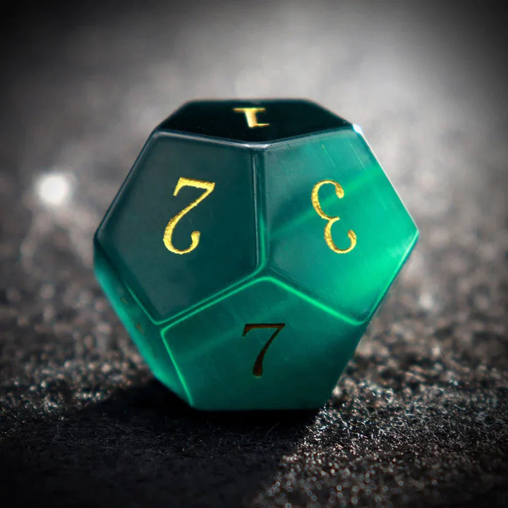 Gemstone: Green Cat Eye Gold Numbers Dice Set by Haxtec