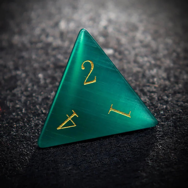 Gemstone: Green Cat Eye Gold Numbers Dice Set by Haxtec