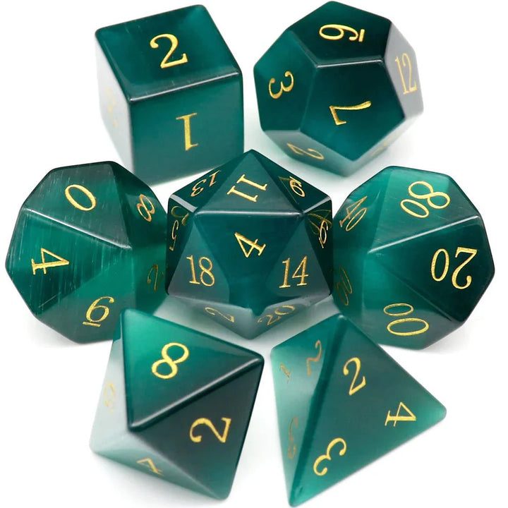 Gemstone: Green Cat Eye Gold Numbers Dice Set by Haxtec