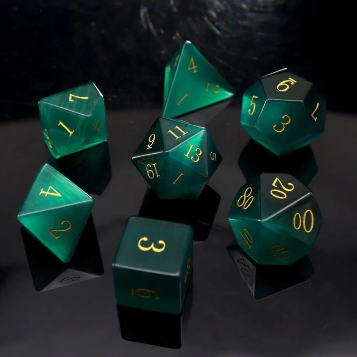 Gemstone: Green Cat Eye Gold Numbers Dice Set by Haxtec