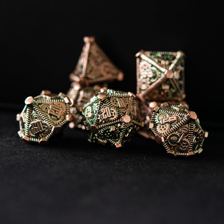 Green and Bronze - Weird West Wasteland Metal Dice Set by Misty Mountain Gaming