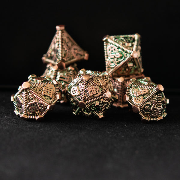 Green and Bronze - Weird West Wasteland Metal Dice Set by Misty Mountain Gaming