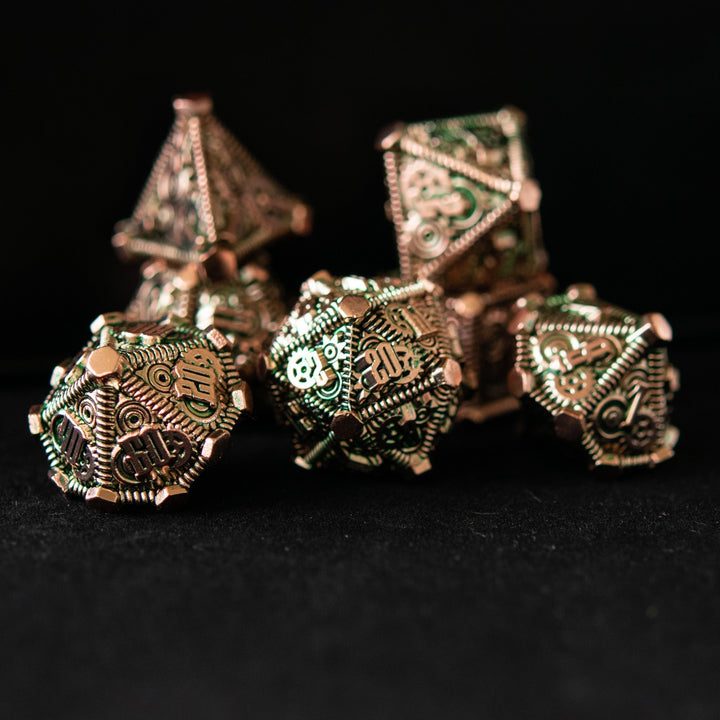 Green and Bronze - Weird West Wasteland Metal Dice Set by Misty Mountain Gaming