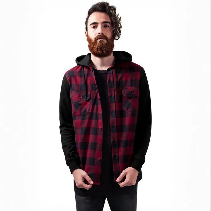 Hooded Checked Flanell Sweat Sleeve Shirt-1