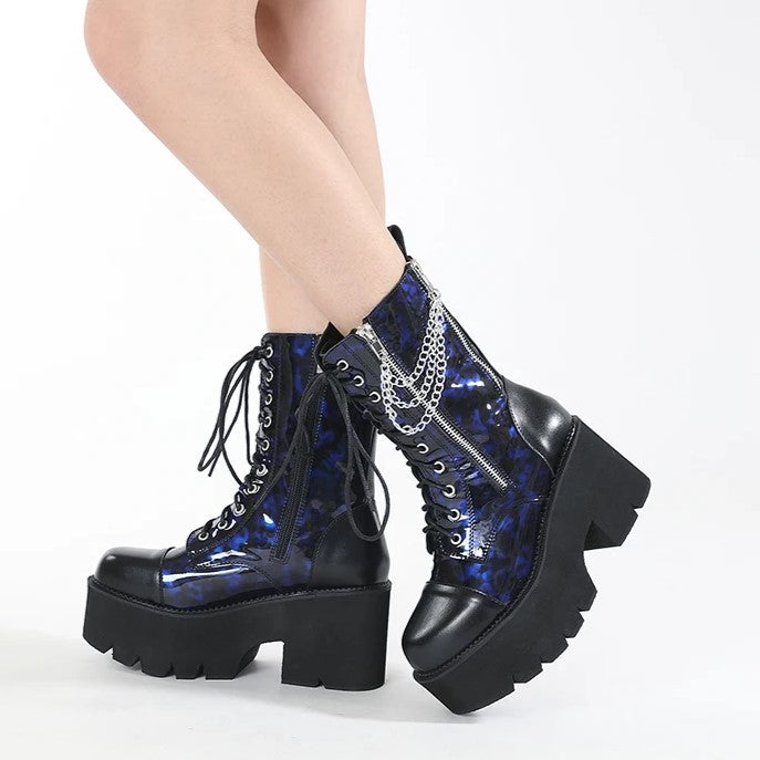 Cerulean Chain Blue PVC Zip Lace-up mid-calf Platform Boot by Darkstorm