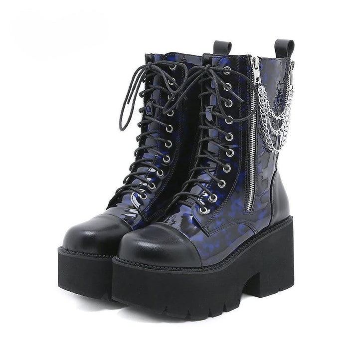 Cerulean Chain Blue PVC Zip Lace-up mid-calf Platform Boot by Darkstorm