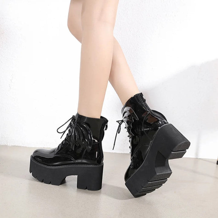 Bat Wing PVC Lace-up Ankle Platform Boot by Darkstorm