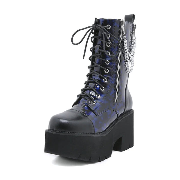 Cerulean Chain Blue PVC Zip Lace-up mid-calf Platform Boot by Darkstorm