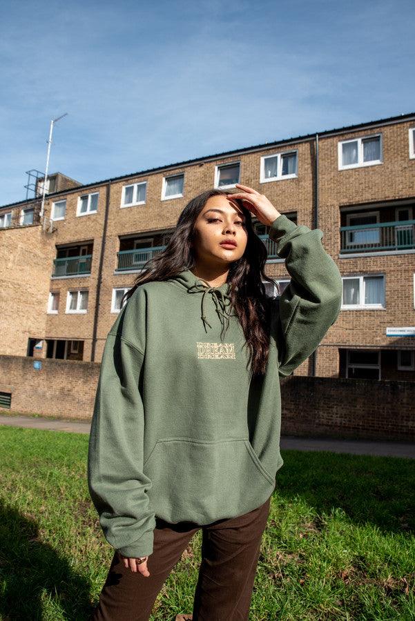 Hoodie In Military Green With Repeat Embroidery by Dreambutdonotsleep