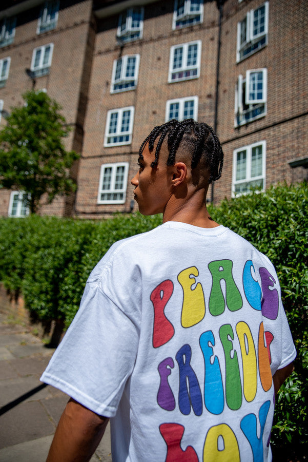 Short Sleeved T-shirt in White with Peace, Love and Freedom-2