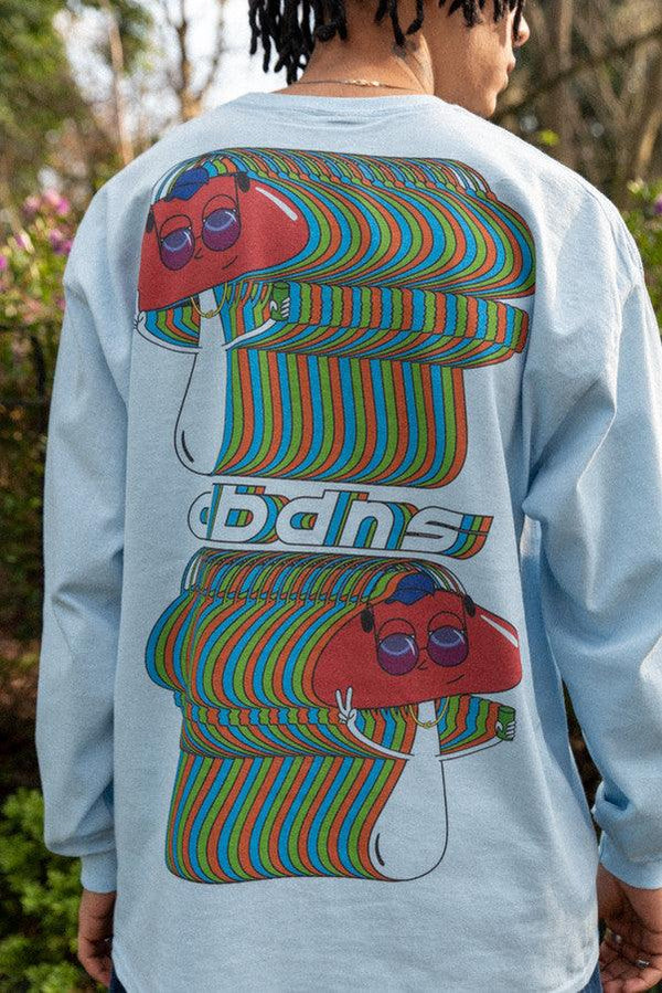 Long Sleeved T-Shirt in Light Blue With Trippy Mushroom Print-0