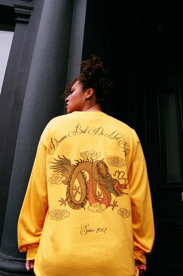 Chinese Dragon Design On Gold Long Sleeved T-shirt by Dreambutdonotsleep