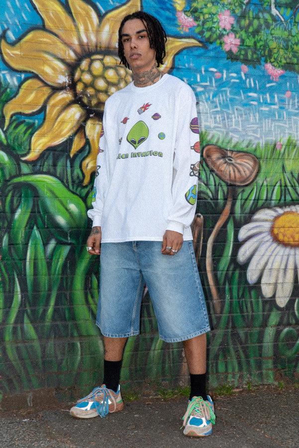 Long Sleeved T-Shirt in White With Alien Invasion Print by Dreambutdonotsleep