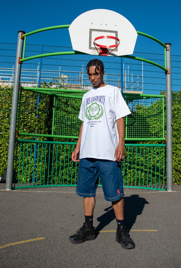 Short Sleeved T-Shirt in White Dream Sports Tennis Club Emblem Design by Dreambutdonotsleep